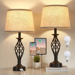 Table Lamp for Bedroom Set of 2 with USB C+A Ports, Modern Bedside Lamps with Spiral Cage Base, Fabric Shade, Nightstand Lamp for Living Room Reading Bed Side End Table, 2 LED Bulbs Included Black