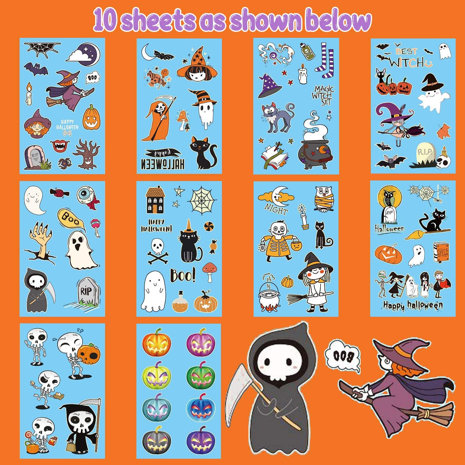 Partywind 10 Sheets Luminous Halloween Temporary Tattoos for Kids, Glow Halloween Decorations Birthday Party Favors Supplies, Halloween Fake Tattoos Goodie Bag Fillers Games Accessories for Party - Image 7