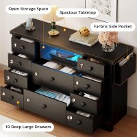 LIKIMIO Dresser with 10 Drawers, Bedroom Wooden Chest of Drawers with LED Lights and Power Outlets, Fabric Side Pocket, TV Stand for Living Room, Black - Image 3