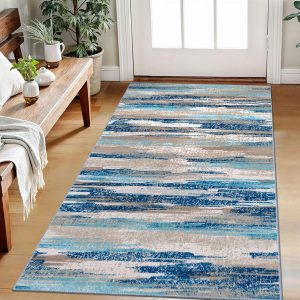 Modern Abstract Small Area Rug Indoor 3x5 Washable Rug Non-Slip Soft Entryway Rug Blue Kitchen Mats Thin Print Faux Wool Floor Carpet Throw Rugs for Entrance Bedroom Office Home Decor