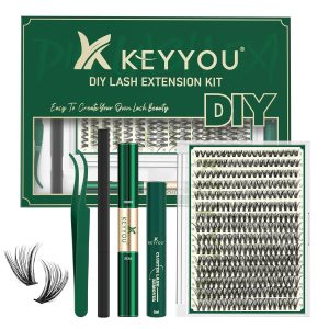 KEYYOU Lash Extension Kit DIY 300Pcs Lash Clusters Eyelash Extension Kit 40D 0.07 D Curl 9-18MIX Lash Clusters Kit with Lash Glue Remover Applicator Easy to Use for Beginners(Kit,40D-D,9-18MIX)