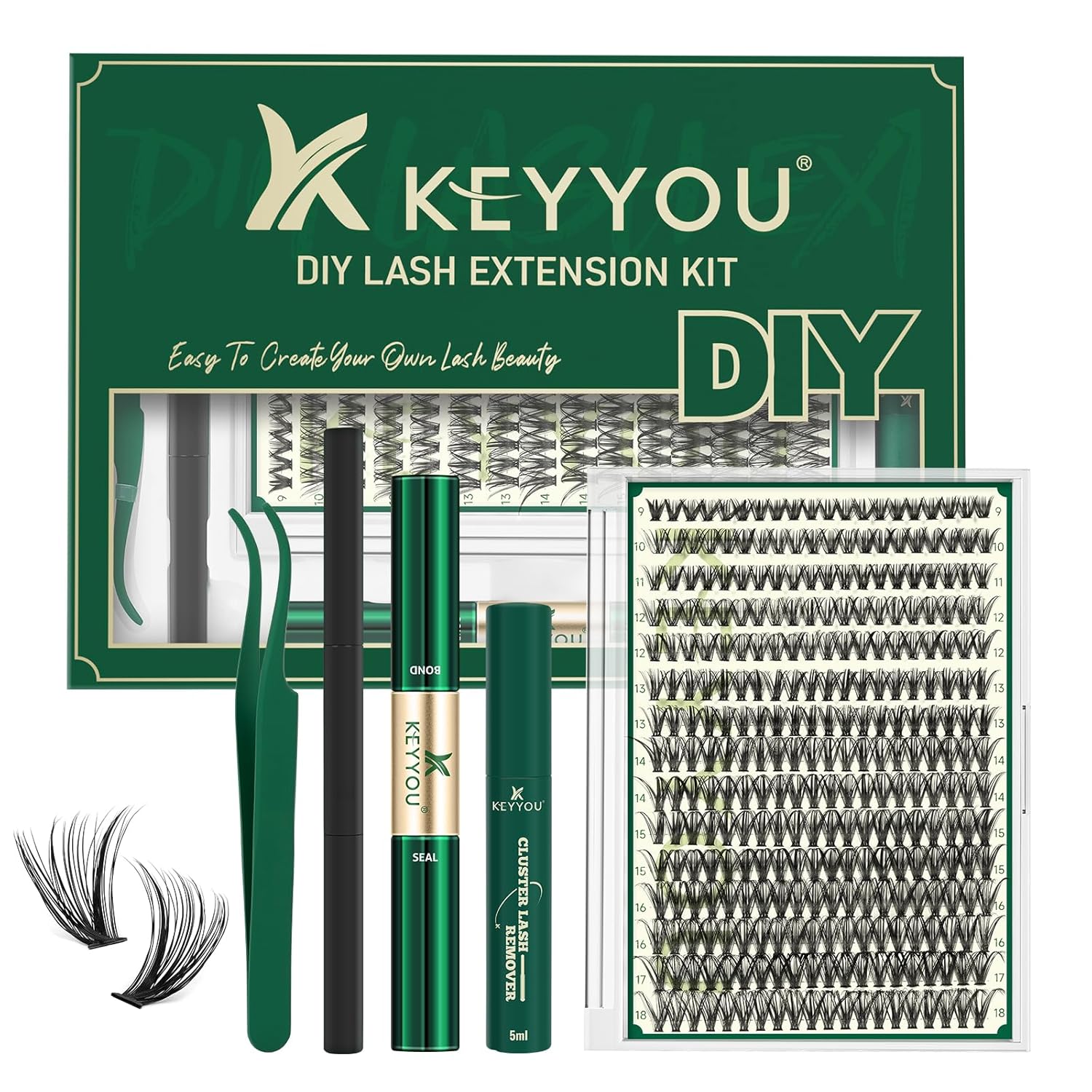 KEYYOU Lash Extension Kit DIY 300Pcs Lash Clusters Eyelash Extension Kit 40D 0.07 D Curl 9-18MIX Lash Clusters Kit with Lash Glue Remover Applicator Easy to Use for Beginners(Kit,40D-D,9-18MIX)