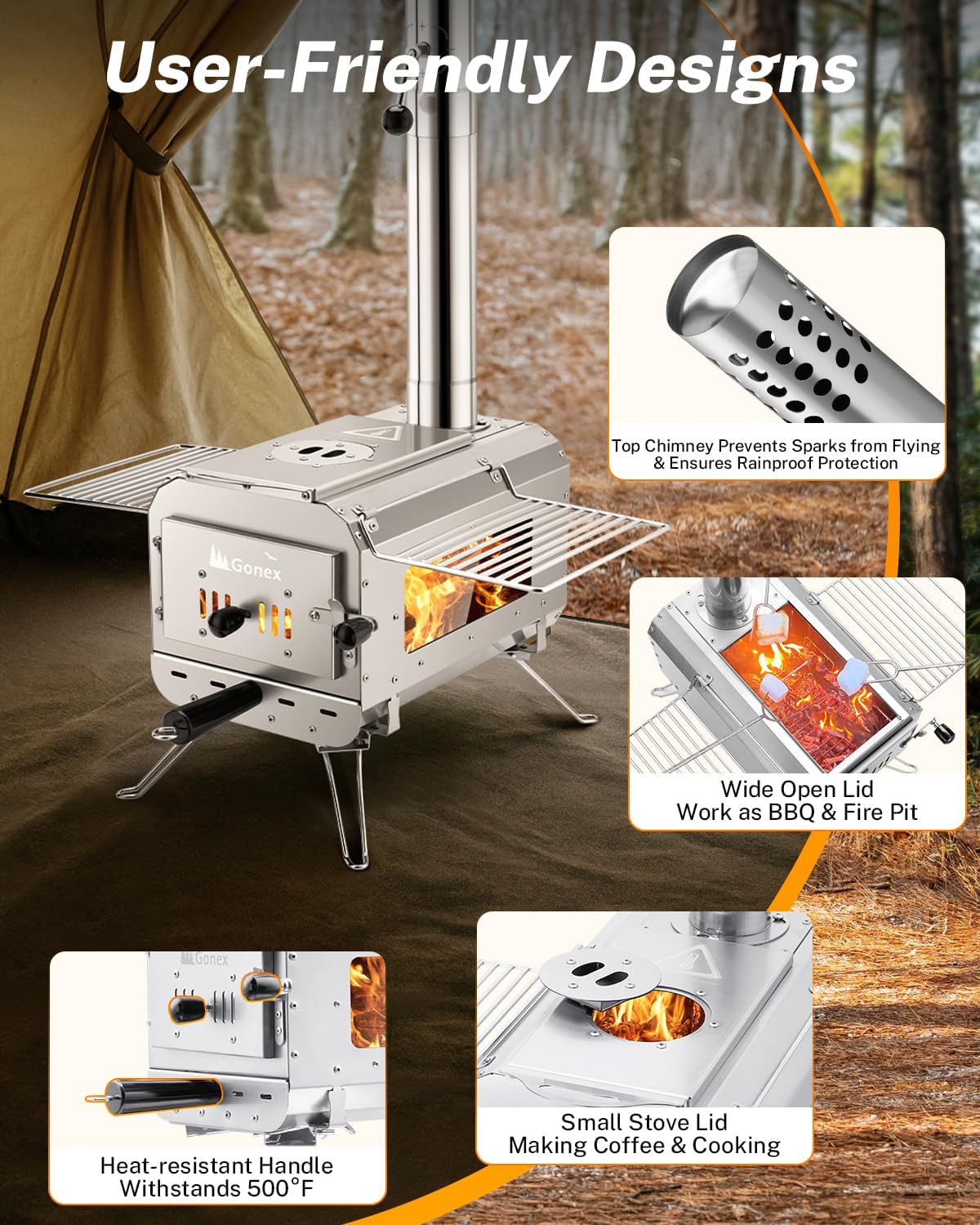Gonex Hot Tent Stove, Portable Wood Burning Camping Stove with Ash Drawer & Large Firebox for Tent, Outdoor, Heating, Cooking, Ice Fishing - Image 4
