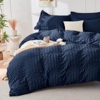 HYMOKEGE Navy Blue Queen Comforter Set Seersucker 7 Pieces, All Season Luxury Bed in a Bag for Bedroom, Bedding Set with Comforters, Sheets, Pillowcases & Shams - Image 2