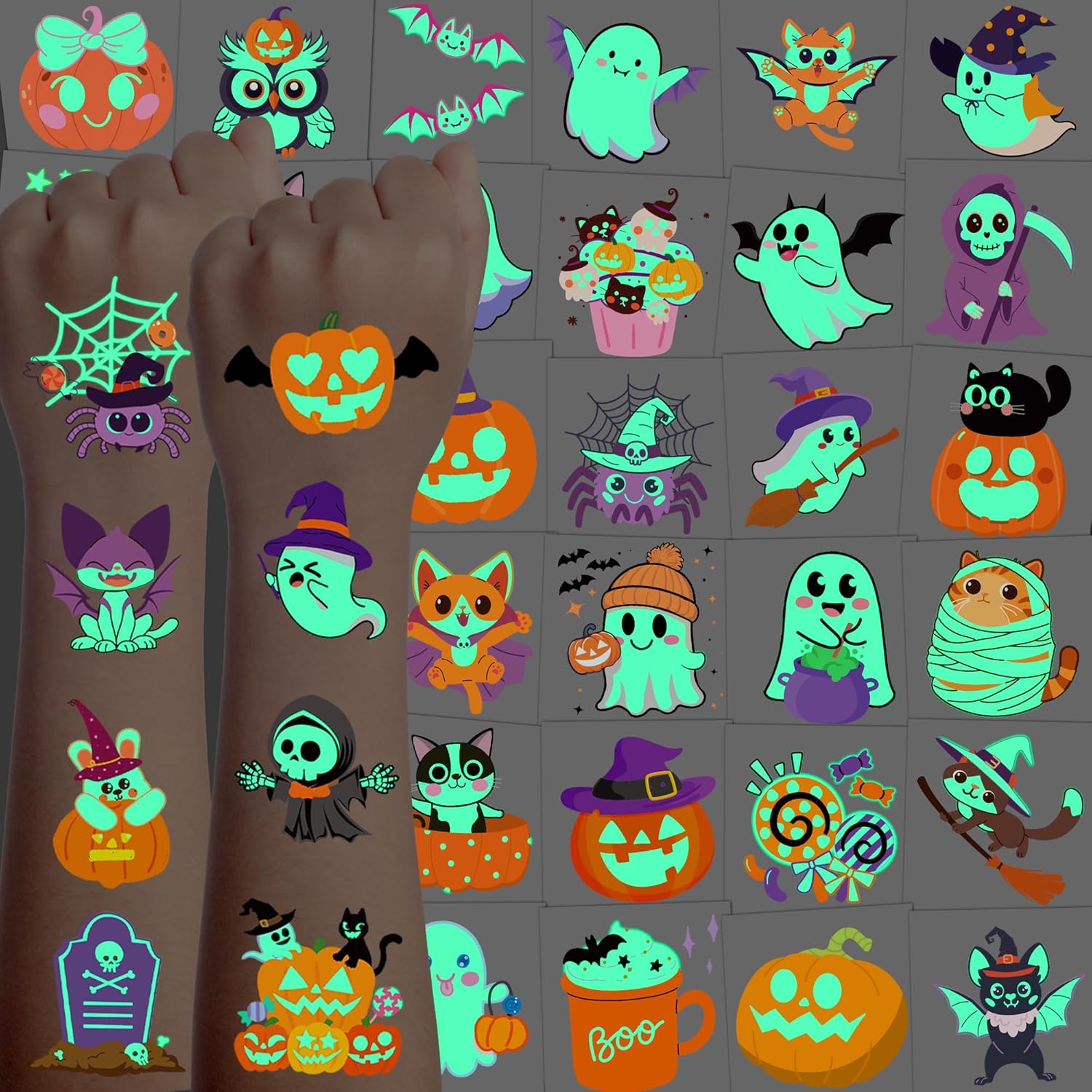 216 PCS Halloween Tattoos for kids, Halloween Party Favors Bulk Glow in The Dark Temporary Tattoos for Halloween Party Decorations, Halloween Gifts for kid for Halloween Makeup, Games