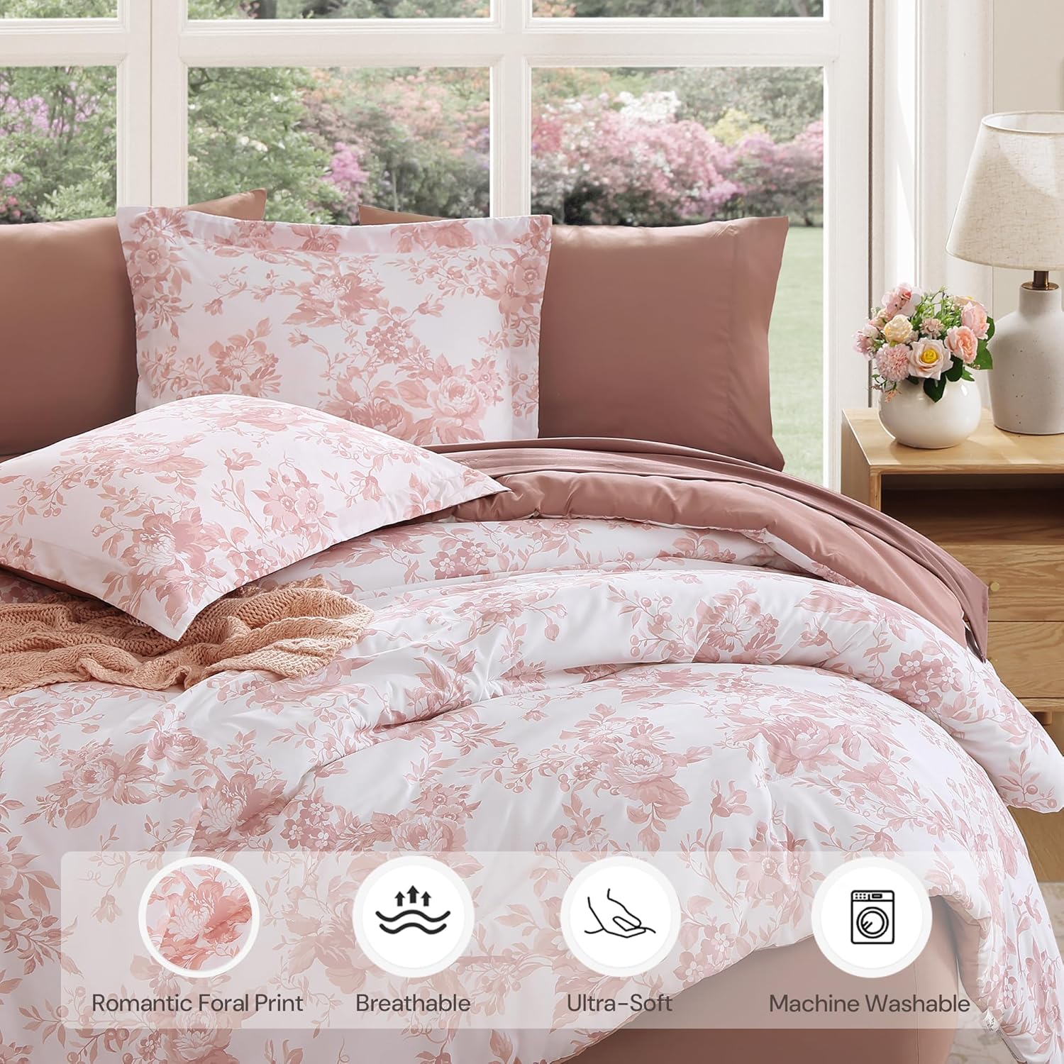 Queen Comforter Set -7 Pieces Pink Floral Comforter Set for All Seasons, Bed in a Bag Queen with Botanical Flowers Comforter, Sheets, Pillowcases & Shams - Image 2