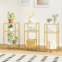 Homhedy 3-Tier Side Tables Set of 2, End Tables with Tempered Glass, Nightstands with Storage Shelves, Slim Sofa Tables for Living Room, Bedroom (2, Golden) - Image 2