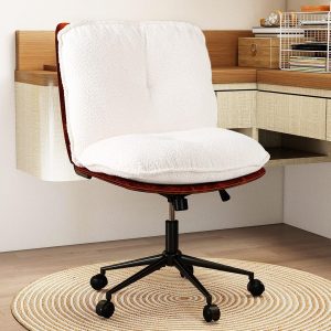 COSTWAY Criss Cross Chair with Wheels, Dual-Layer PU Leather & Thickened Boucle Cushion, Armless Home Office Desk Chair with Rocking Backrest, Wide Swivel Makeup Vanity Chairs for Small Space