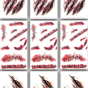 9pcs Halloween zombie makeup Fake Bloody Wound Stitch Scar Waterproof Temporary Tattoo Sticker Halloween Masquerade Prank Makeup Props