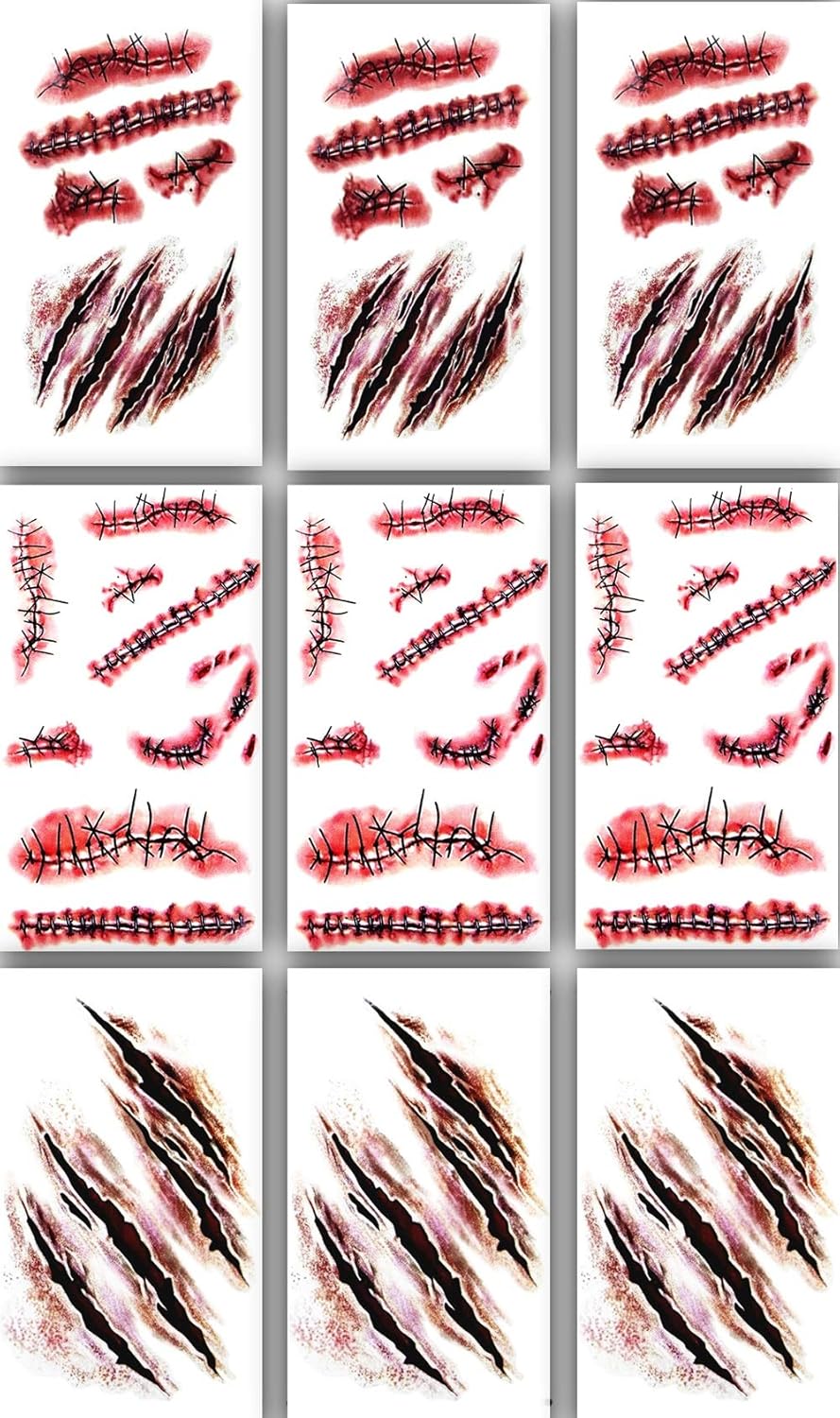 9pcs Halloween zombie makeup Fake Bloody Wound Stitch Scar Waterproof Temporary Tattoo Sticker Halloween Masquerade Prank Makeup Props
