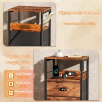 Furologee End Table with Charging Station, Nightstand with Fabric Drawers, Side Table with USB Ports & Outlets, Night Stand with Storage Shelf & Hooks, for Living Room/Bedroom, Rustic Brown - Image 5