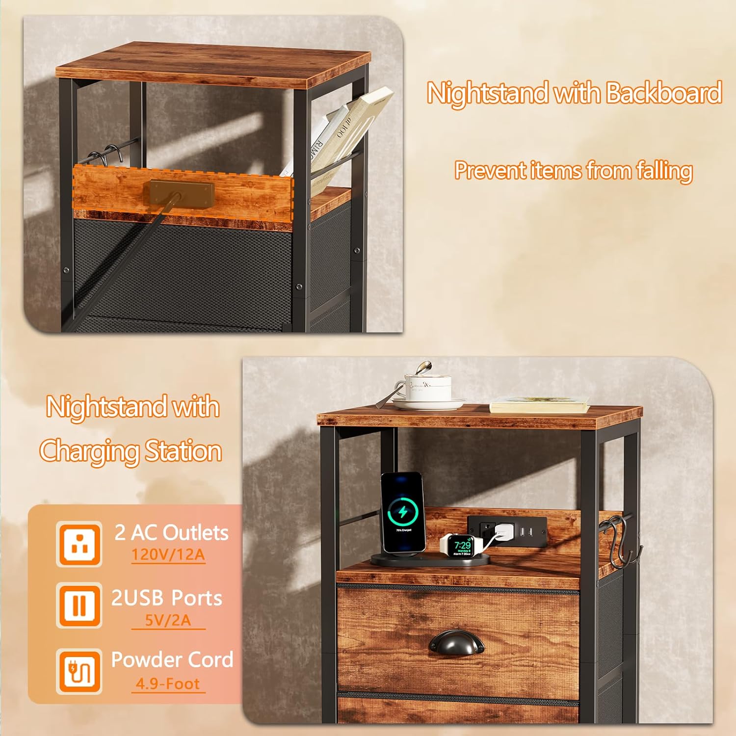 Furologee End Table with Charging Station, Nightstand with Fabric Drawers, Side Table with USB Ports & Outlets, Night Stand with Storage Shelf & Hooks, for Living Room/Bedroom, Rustic Brown - Image 5