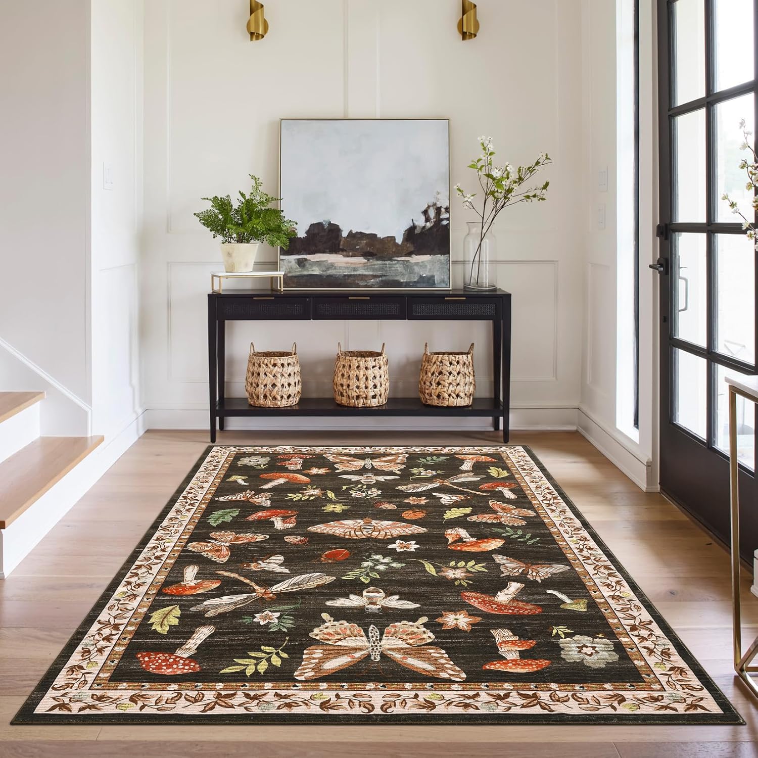 Mushroom Washable Rug 5x7 Area Rugs for Living Room, Insect Print Rug for Bedroom, Non Slip Throw Carpet with Rubber Back, Soft Low Pile Dining Room, Brown - Image 8