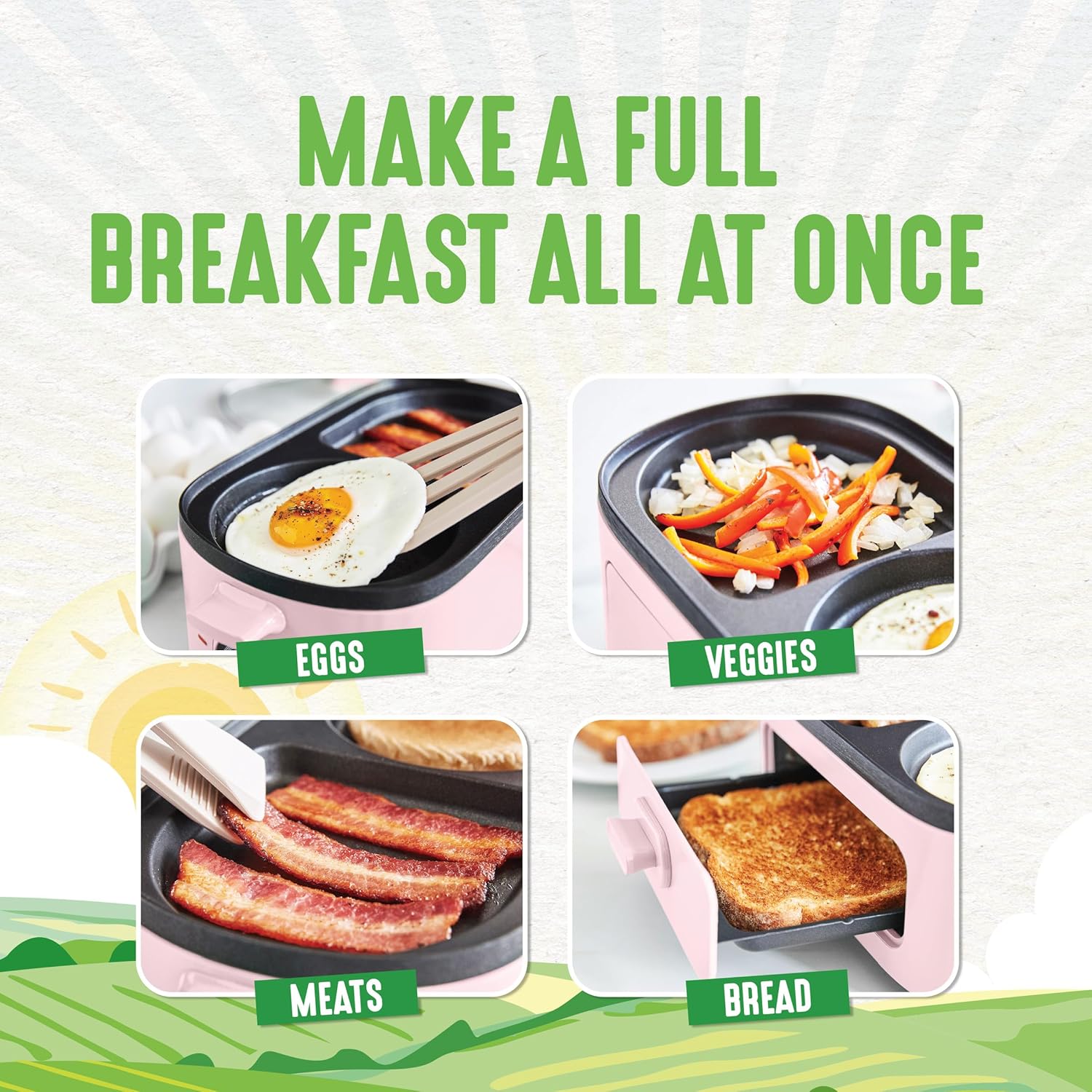 GreenLife 3-in-1 Breakfast Maker Station, Healthy Ceramic Nonstick Dual Griddles for Eggs Meat Sausage Bacon Pancakes and Breakfast Sandwiches, 2 Slice Toast Drawer, Easy-to-use Timer, Pink - Image 4