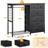 EnHomee 49.2" W Dresser for Bedroom with Hanging Rack 6 Drawers Dresser with LED Lights & Charging Station, Fabric Dressers & Chest of Drawers with Rack, Wooden Top, Grid Panel, Black - Image 2