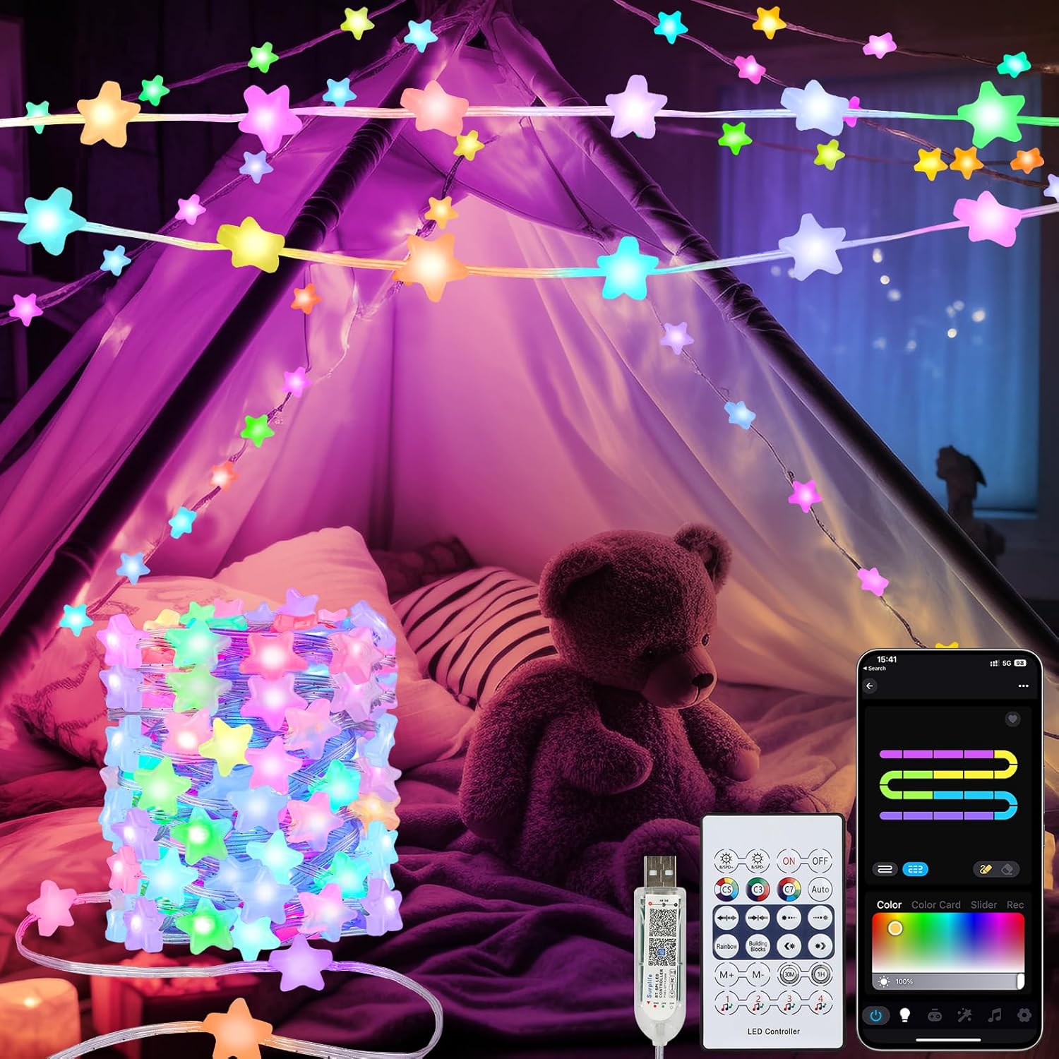 Smart Star String Lights Plug in, 33Ft 16 Million Color Changing Fairy Lights RGB Built in Chip APP & Remote Control DIY Music Sync Twinkle Light for Bedroom Halloween Decoration