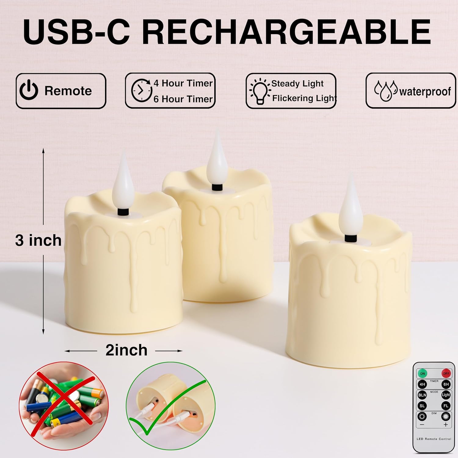 FREEPOWER Rechargeable Flameless LED Votive Candles with Timer Remote - 2'' x 3'' Waterproof Flickering Tealights Candle - Battery Operated Pillar Candles for Wedding, Party and Holiday Decor - 6PCS - Image 6