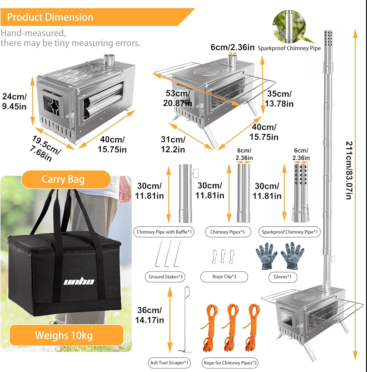 Hot Tent Stove, unho Wood Burning Stove, Portable Wood Stove with 6 Stainless Chimney Pipes for Outdoor Heating & Cooking, Ice Fishing, Hunting,Winter Warmth - Image 4