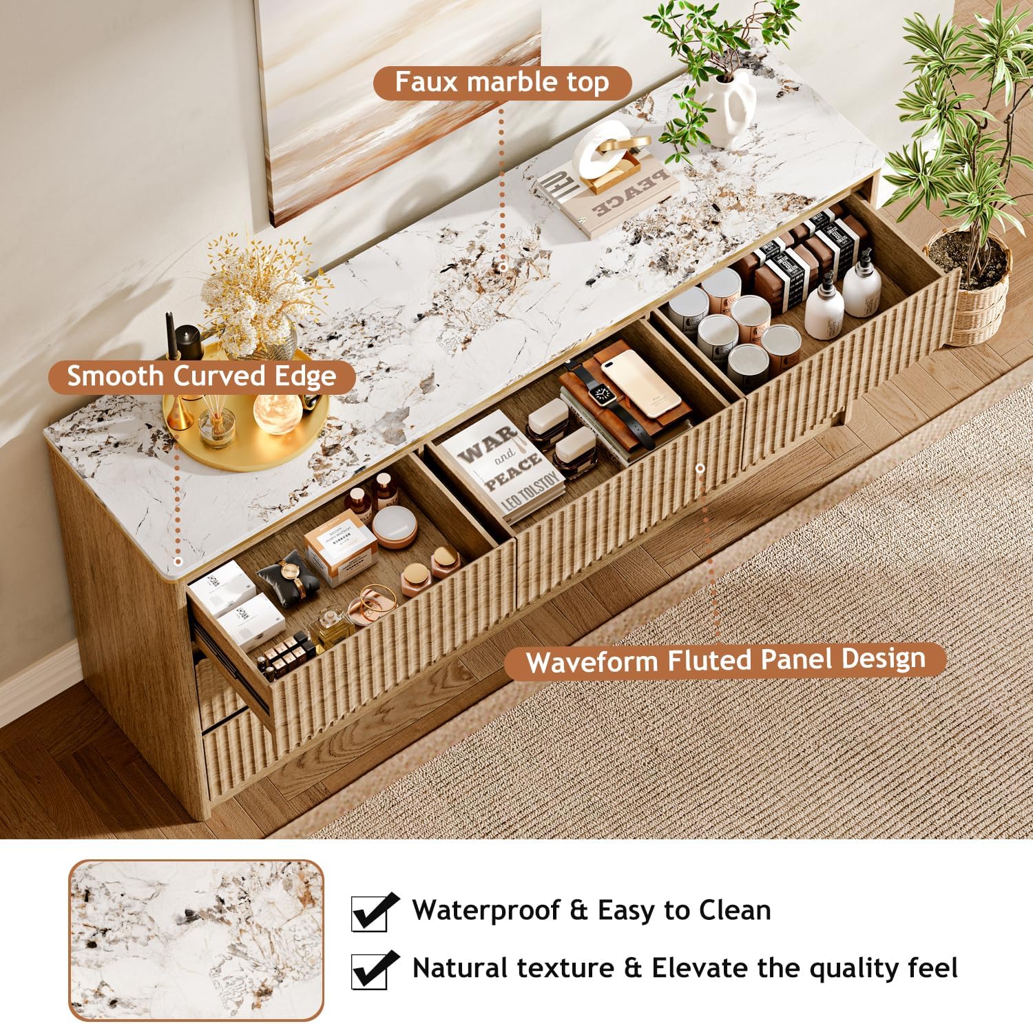 Fluted Dresser for Bedroom with 9 Drawers,62.99" Modern Chest of Drawers with Faux Marble Top, Curved Profile Design,Dresser TV Stand, Wood Drawer Organizer for Living Room, Hallway, Wood - Image 4