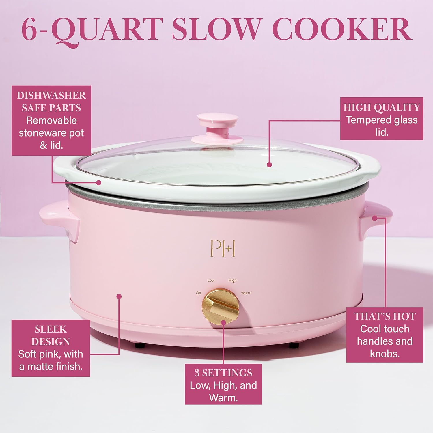 Paris Hilton 6-Quart Manual Slow Cooker, Features Three Settings (Low, High, Warm), Naturally Nonstick and Dishwasher Safe Stoneware Insert, Family Sized Capacity, Pink - Image 4
