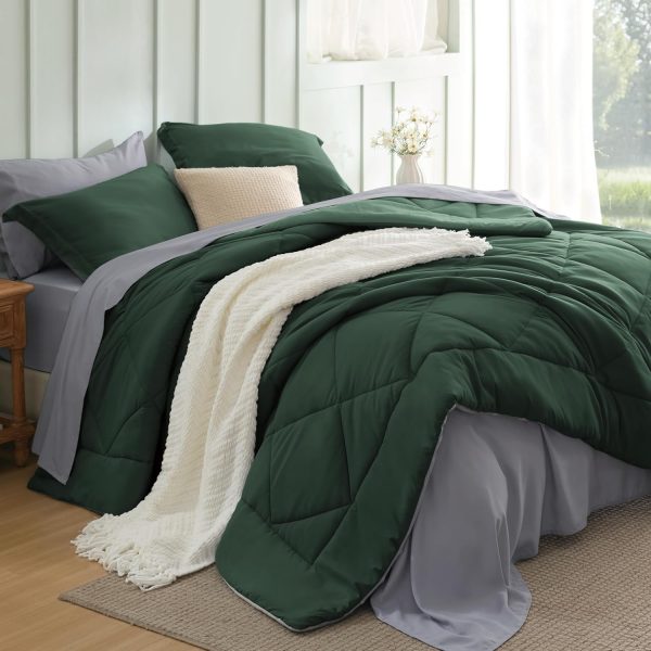 Bedsure Queen Comforter Set - 7 Pieces Reversible Forest Green Bedding, Queen Size Bed Set for All Seasons, Bed in a Bag with Down Alternative Comforter, Sheets, Pillowcases & Shams