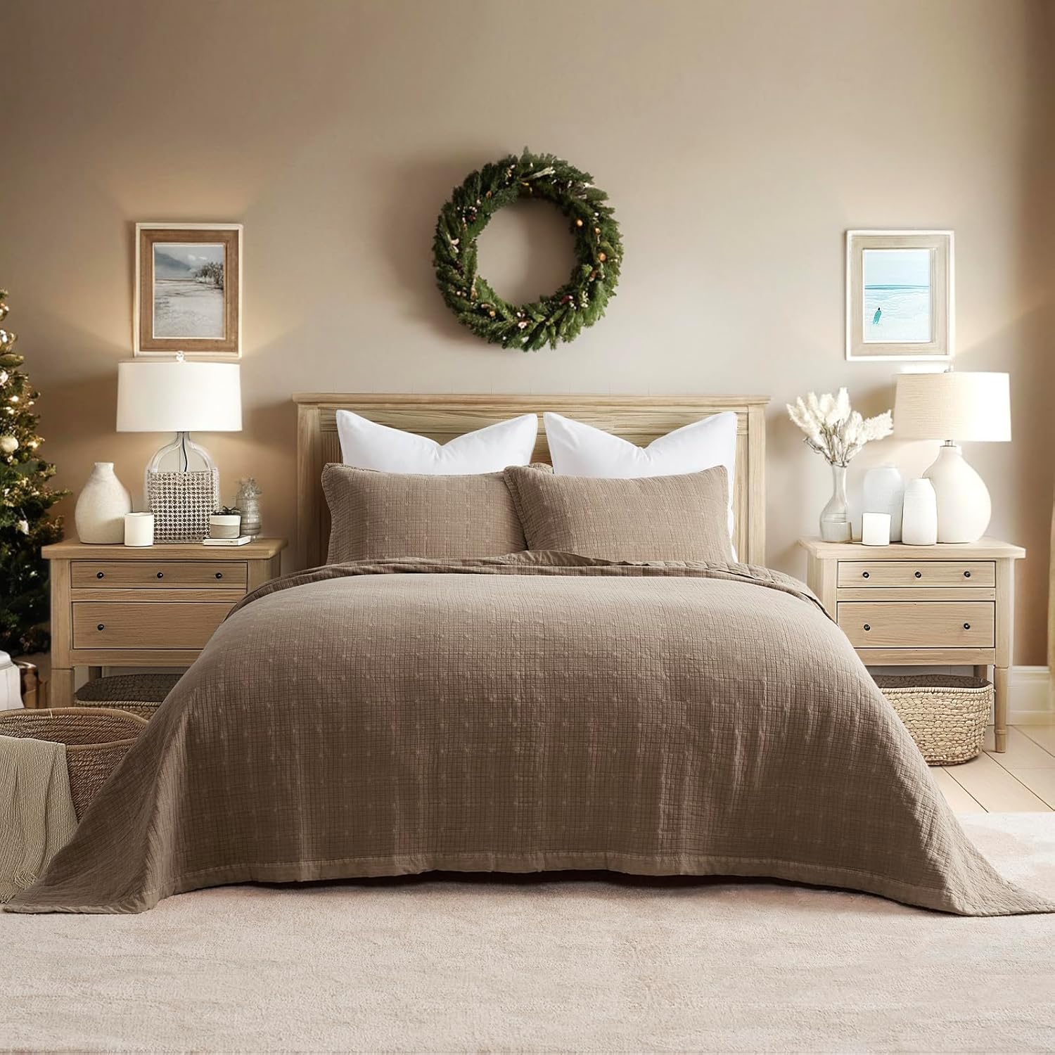 EVERGRACEHOME Stonewashed Cotton Quilt Set King Size, Ultra Soft Oversized Bedspread Coverlet Set, Lightweight Crinkle Box Stitch Bedding Sets for All Season, with 2 Shams, Mocha Brown - Image 7