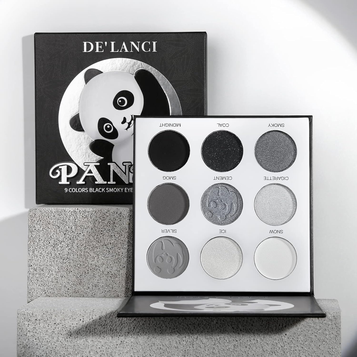 ecofavor Black Smoky Eye shadow Palette, DE’LANCI PANDA 9 Colors True Black Dark Grey Smokey Goth Makeup Pallet, 9 Soft Matte Shimmer High Pigmented Basic Black White Gray Shade for Halloween - Image 7