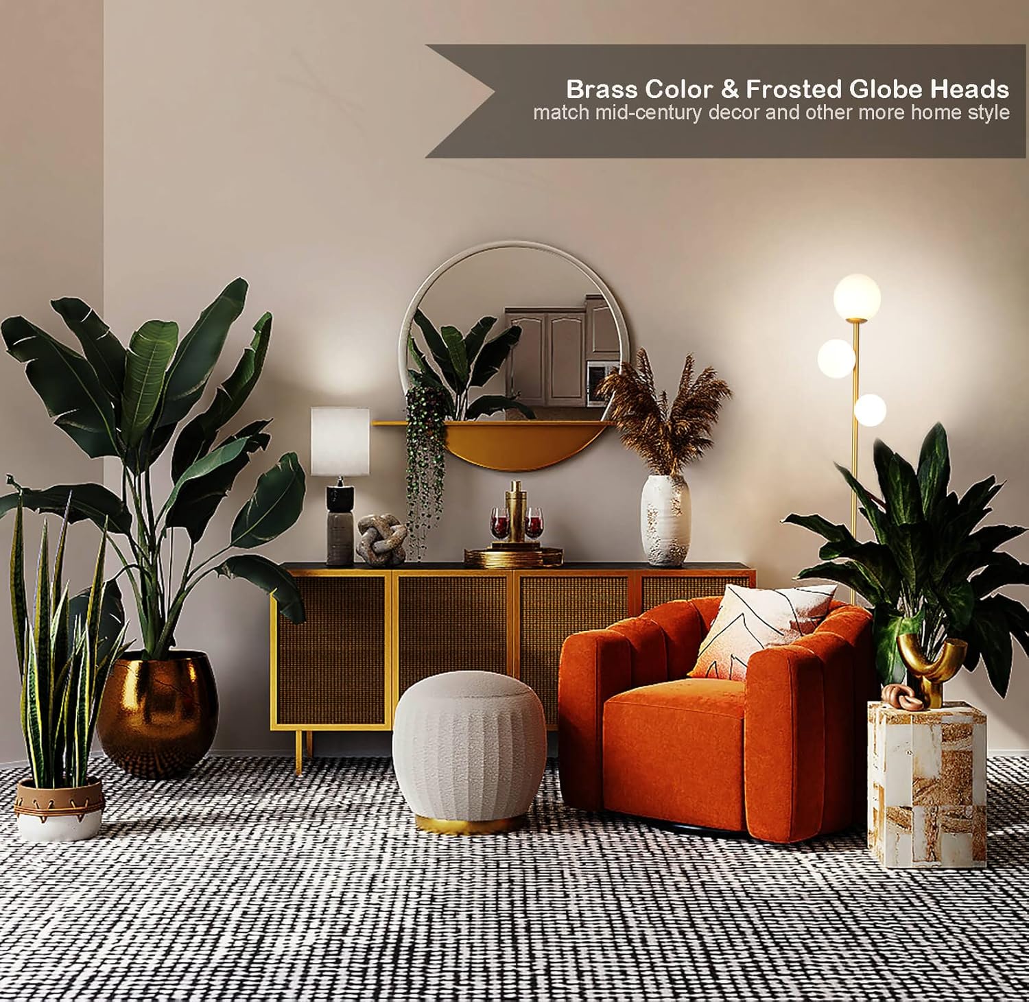 Fiqevs 3 Globe Mid Century Modern Floor Lamp for Living Room, Gold Standing Lamp with Frosted Glass Shade and 3x2700K Warm LED Bulbs, Vintage Retro Tall Lamps for Bedrooms, Office - Antique Brass - Image 2