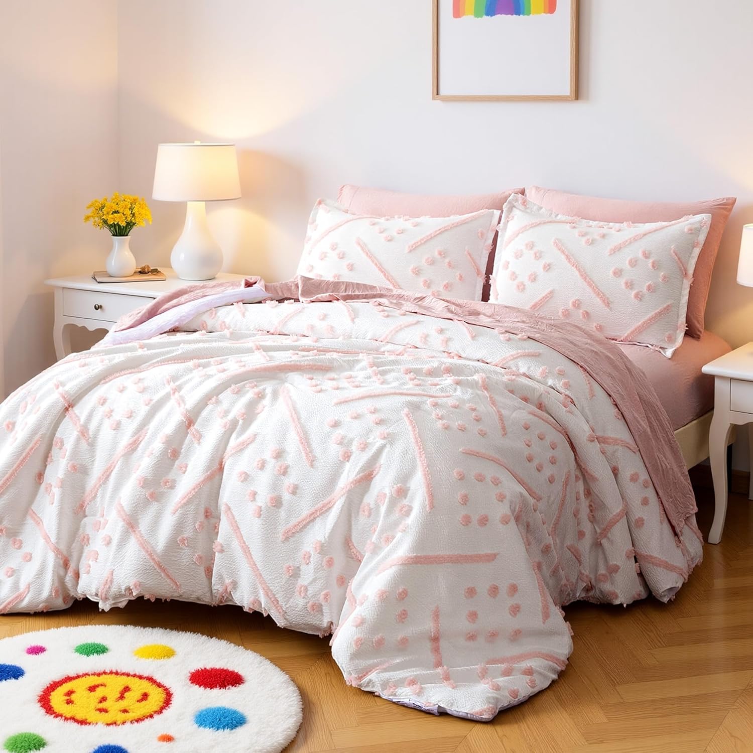 Amazon Basics 7-Piece Kids' Bed-in-a-Bag, Jacquard Microfiber Bedding Set with Comforter, Sheets, Pillowcases and Pillow Covers, All-Season, Pink Tufted, Full/Queen - Image 2