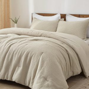 PHF Ultra Soft Waffle Weave Comforter Set Queen Size, 3 Pieces Lightweight Breathable Comfy Bedding Set for All Season, Comfy Textured 1 Comforter with 2 Pillow Shams, Linen