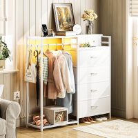 KKL 43" W White Dresser for Bedroom with Hanging Rack, Reversible 6 Drawers Dresser with Led Lights & Charging Station, Fabric Closet Dressers & Chest of Drawers with Clothes Rack for Girls, Kids - Image 3
