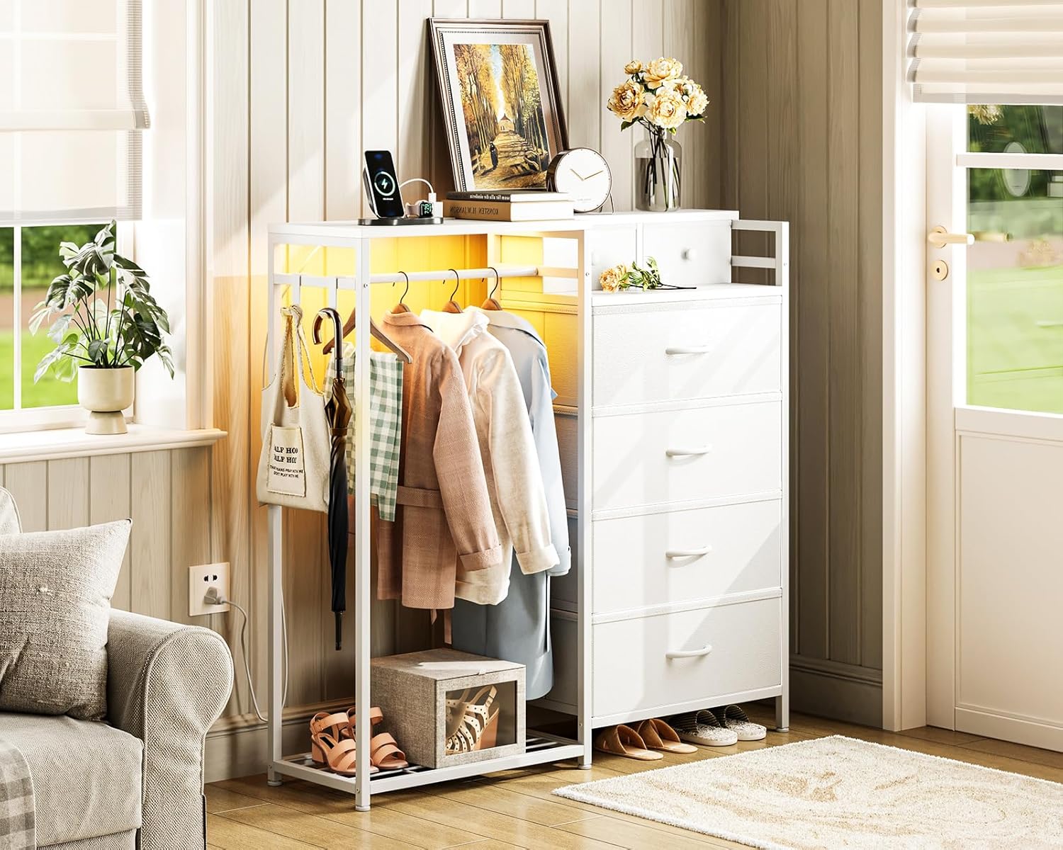 KKL 43" W White Dresser for Bedroom with Hanging Rack, Reversible 6 Drawers Dresser with Led Lights & Charging Station, Fabric Closet Dressers & Chest of Drawers with Clothes Rack for Girls, Kids - Image 3