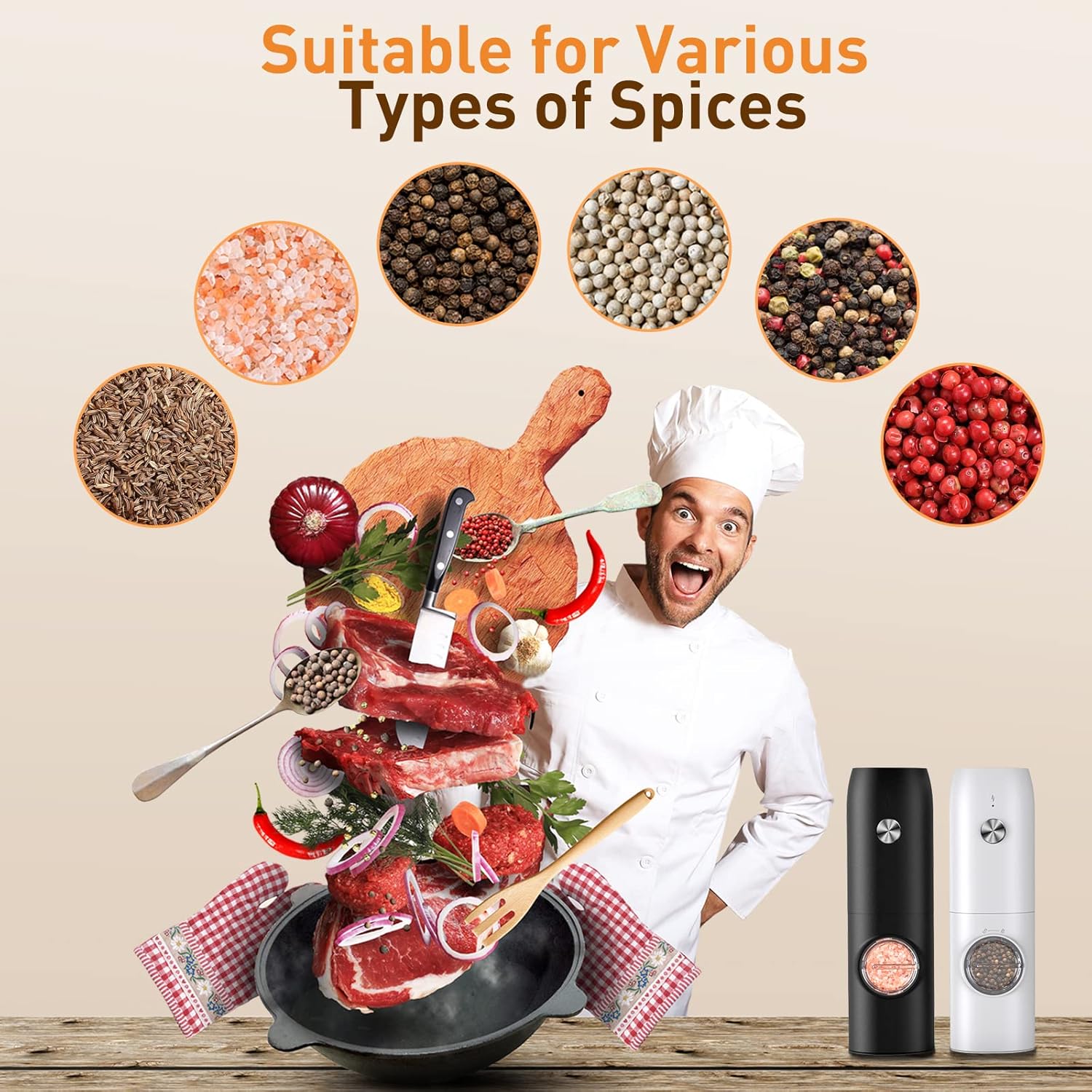 Electric Salt and Pepper Grinder Set:Rechargeable Automatic Pepper Mill Grinder with LED House Warming Gifts New Home, USB Adjustable Coarseness shakers, One-Hand Operation for Kitchen Appliances - Image 5