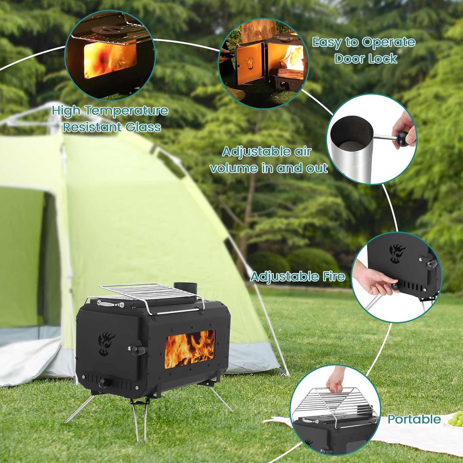 Gaomon Outdoor Portable Wood Stove, Tent Stove,Wood Burning Stove for Camping,Cast Iron Wood Stove,Tent Heaters for Camping, Includes Chimney Pipes ans View Glass,Ice-fishing, Cookout, Hiking, Travel - Image 2