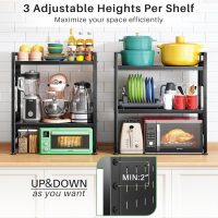 Microwave Stand, 3-Tier Expandable(17.4"- 27.4") Heavy Duty Adjustable Shelf Microwave Oven Rack, Kitchen Countertop Organizer and Storage with 9 Hooks & Cutting Board Holder, Holds up 180 lbs, Black - Image 3