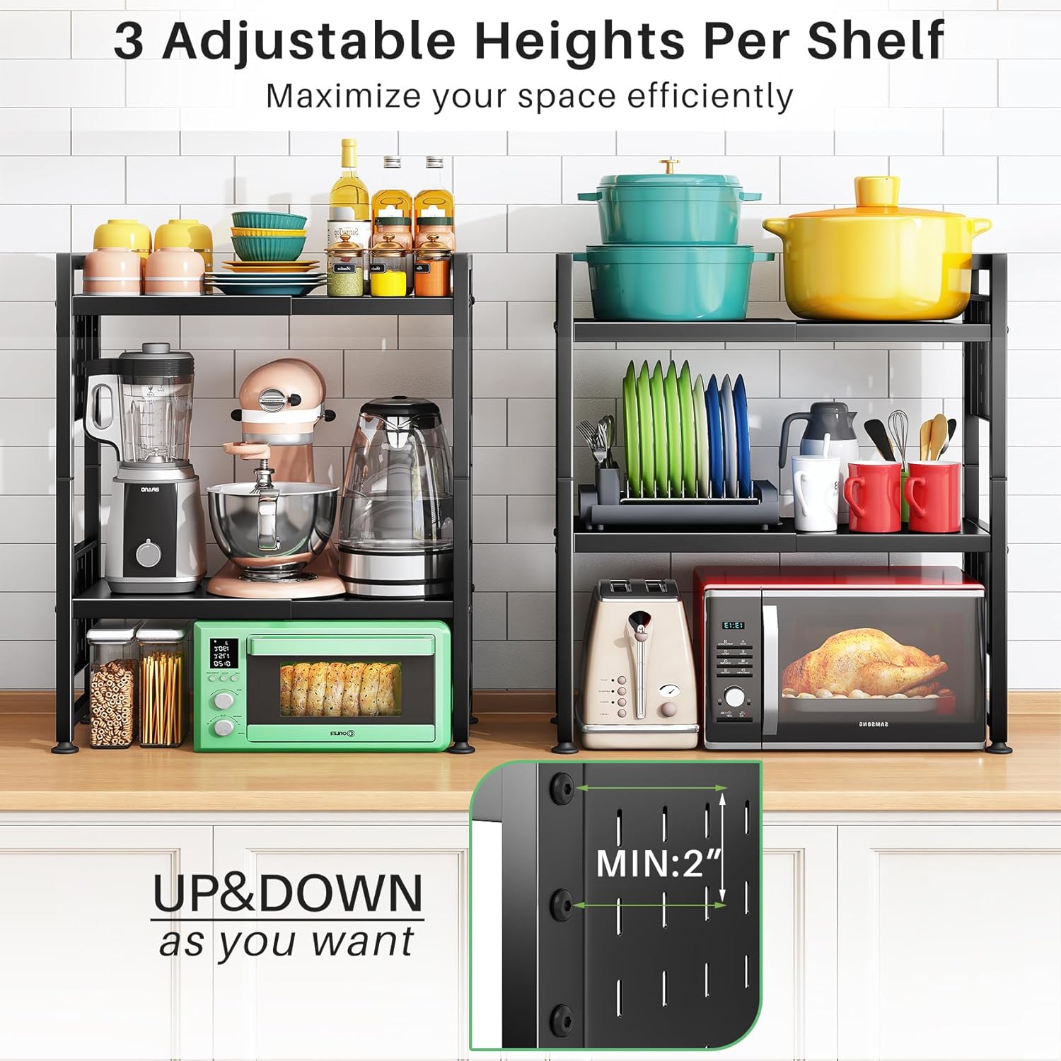 Microwave Stand, 3-Tier Expandable(17.4"- 27.4") Heavy Duty Adjustable Shelf Microwave Oven Rack, Kitchen Countertop Organizer and Storage with 9 Hooks & Cutting Board Holder, Holds up 180 lbs, Black - Image 3