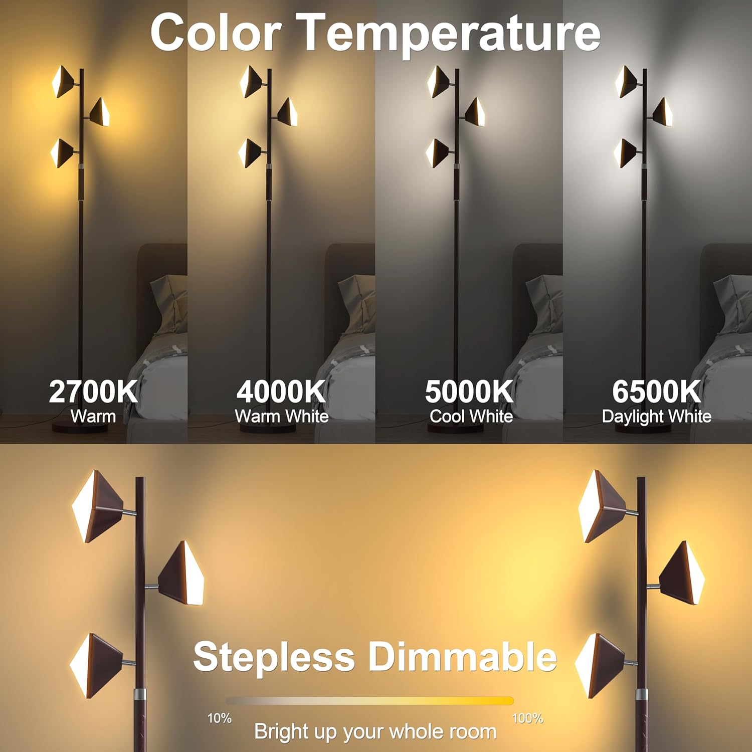 RGB Tree Floor Lamp for Living Room, Stepless Dimmable Tall Standing Lamp with Remote, Touch Control and 3 Rotatable Light, Bright LED Lights for Bedroom with 4 Color-Changing, Oil Rubbed Bronze - Image 4