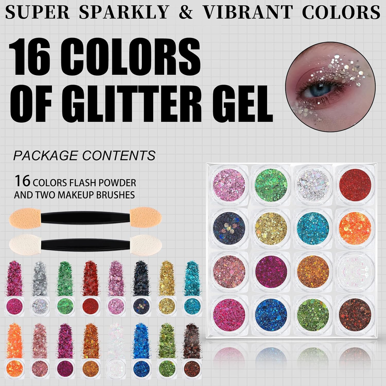 16 Colors Chunky Fine Mixed Holographic Glitter Gel Set for Face and Body Makeup Festival Party Sparkle Glitter Gel Decoration Rave Accessories - Image 2