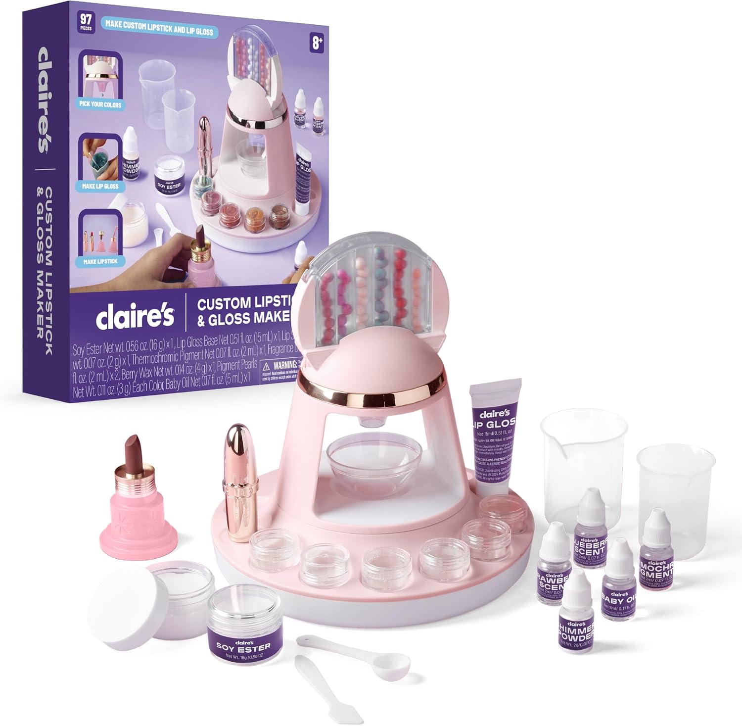 Claire's DIY Lipstick & Lip Gloss Making Kit – 97-Piece Makeup Craft Kit| Kids Arts & Crafts Activity Set| Handmade Moisterizing Lip Glaze| Beauty & Cosmetic Products| Girls Science Toy Gift| Ages 8+