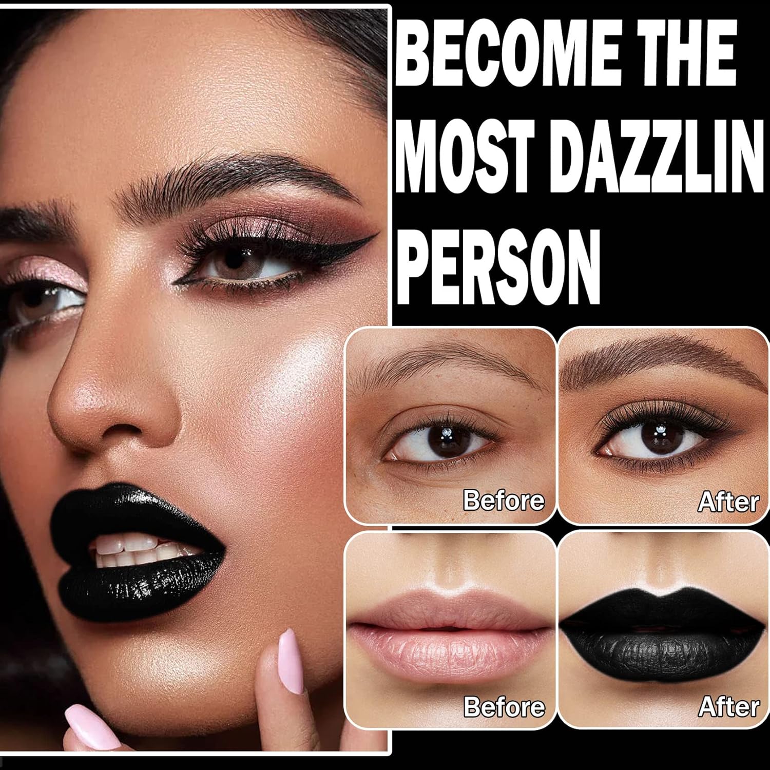 CAHIUYOA Black Matte Lipstick Lip Liner Set,Liquid Lipstick Lip Gloss Smudge Proof for Halloween Cosplay Goth Makeup,Waterproof and Long Lasting Black Lip Liner and Lipstick Set - Image 3