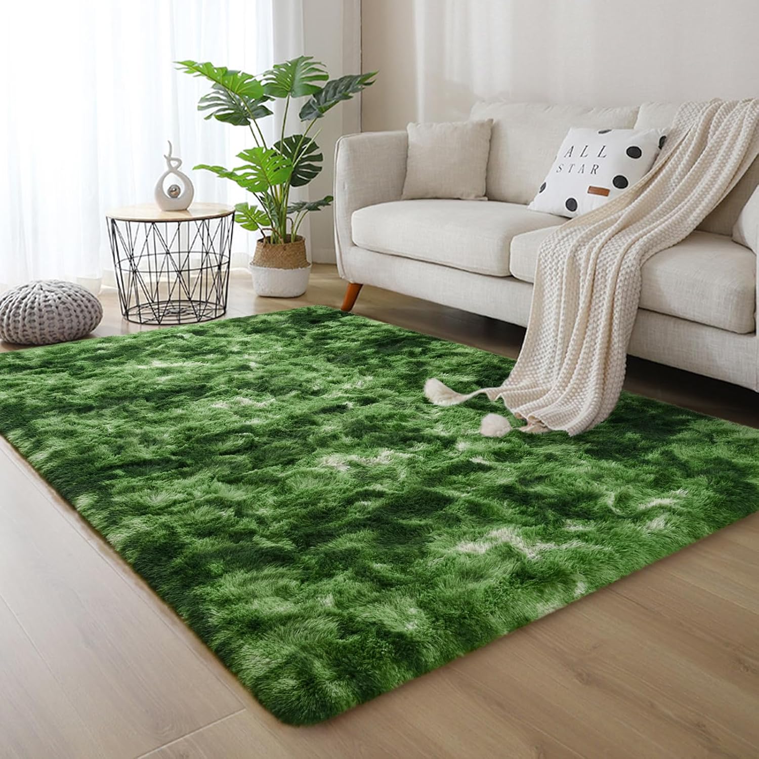 DweIke Fluffy Dark Green Rugs for Bedroom Living Room, 3x5 Feet Soft Plush Shaggy Tie-Dyed Forest Moss Green Girls Boys Kids Rug, Non-Slip and Machine Washable Carpet for Dorm Nursery Decor - Image 4