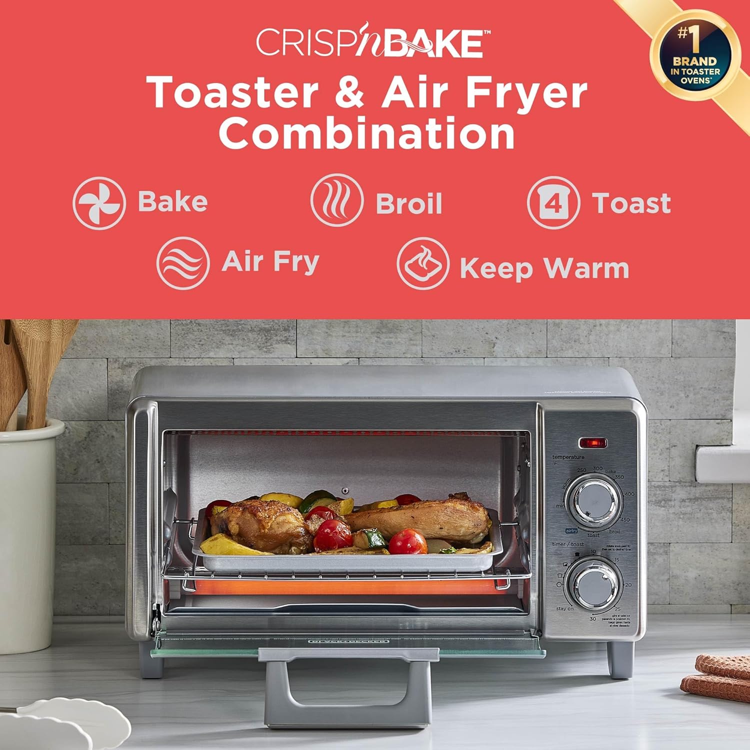 BLACK+DECKER Crisp 'N Bake Air Fry Countertop Convection Toaster Oven, Medium Capacity, 4-Slice, 5-in-1, Fits 9” Pizza, 30-Min Timer, Bake, Broil, Air Fry, Toast, Keep Warm, Stainless Steel - Image 2