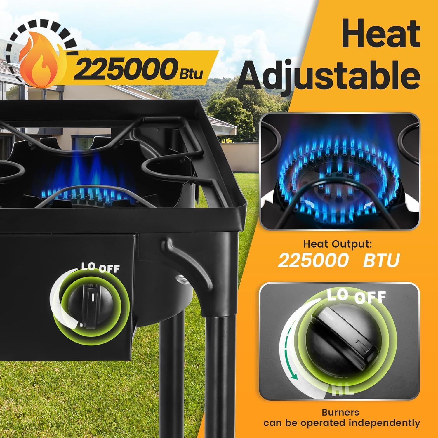 Outdoor Camping Stove, 225000 BTU, High Pressure 3 Burner, Propane Gas Cooker with Detachable Legs, 30 PSI Regulator - Image 3