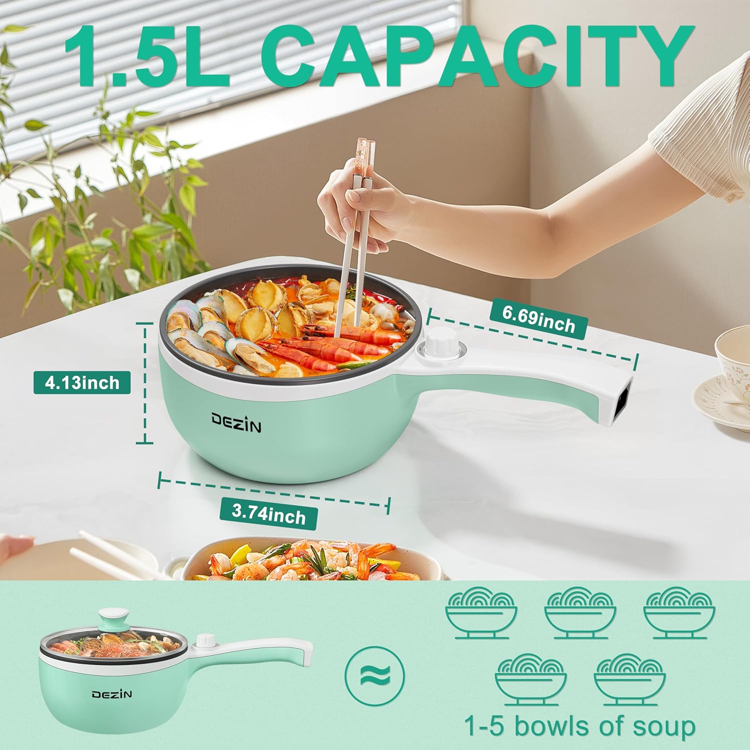 Dezin Hot Pot Electric Upgraded, Non-Stick Sauté Pan, Rapid Noodles Electric Pot, 1.5L Mini Portable Hot Pot for Steak, Egg, Fried Rice, Ramen, Oatmeal, Soup with Power Adjustment - Image 3