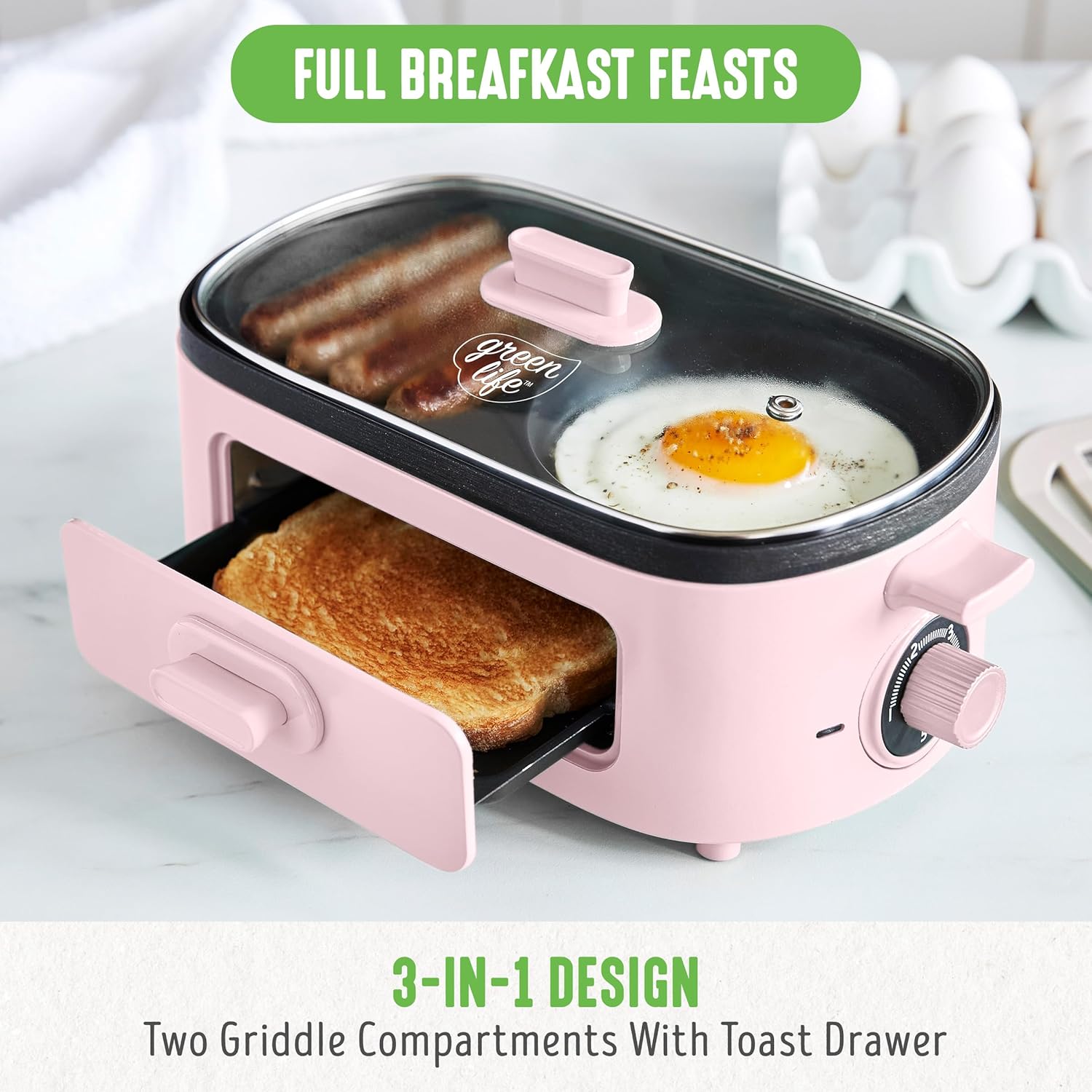 GreenLife 3-in-1 Breakfast Maker Station, Healthy Ceramic Nonstick Dual Griddles for Eggs Meat Sausage Bacon Pancakes and Breakfast Sandwiches, 2 Slice Toast Drawer, Easy-to-use Timer, Pink - Image 8