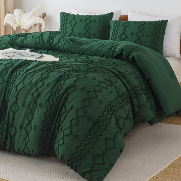 Andency King Size Comforter Set, 3 Pieces Dark Emerald Green Boho Tufted Geometric Shabby Chic Bedding, Soft Fluffy Farmhouse Bed Set, Jacquard Textured Comforter for All Season (104x90 Inch)