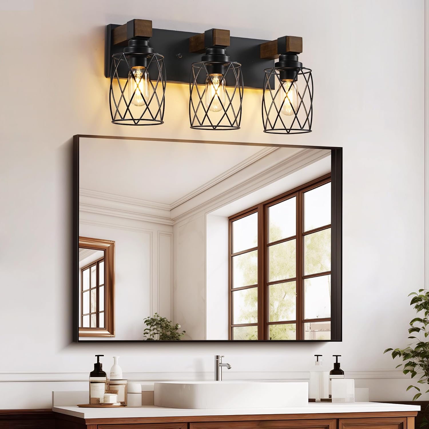 Farmhouse Bathroom Vanity Light, 3-Light Wood Bathroom Light Fixtures Over Mirror, Black Industrial Vanity Lights with Metal Shade, Rustic Bathrooms Lighting for Living Room, Bedroom, Hallway - Image 2