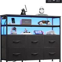 WLIVE Black TV Stand for 40, 45 inch TV, Entertainment Center with LED Lights & Charging Station, TV Media Console Table with 6 Fabric Drawers and Open Shelves for Living Room, Hallway, Wood Top - Image 8