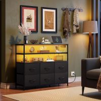 WLIVE Black TV Stand for 40, 45 inch TV, Entertainment Center with LED Lights & Charging Station, TV Media Console Table with 6 Fabric Drawers and Open Shelves for Living Room, Hallway, Wood Top - Image 2