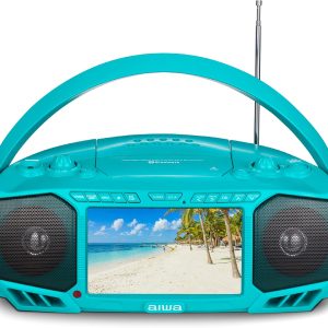 Aiwa Portable Boombox, Crystal Clear Sound with 3W x 2 Speakers and Bass Function, Featuring a 7" LCD Display, Bluetooth Connectivity, FM Radio, CD/DVD Player, Streaming on Roku and Amazon Firestick